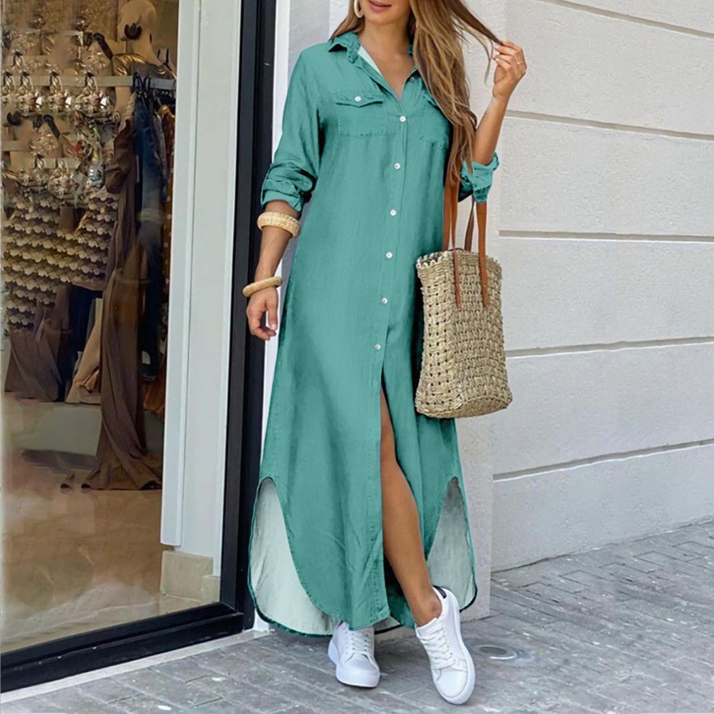 Robe chemise élégante femme, manches longues, style été