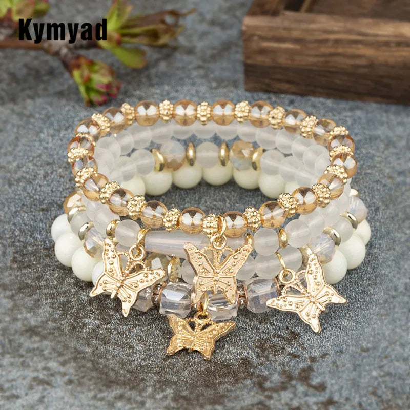 Bracelet Boho femme en cristal doré avec breloques papillon
