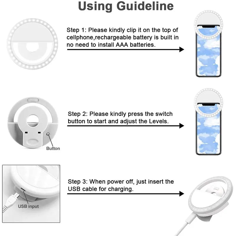 Anneau lumineux LED USB pour selfie iPhone Samsung Xiaomi