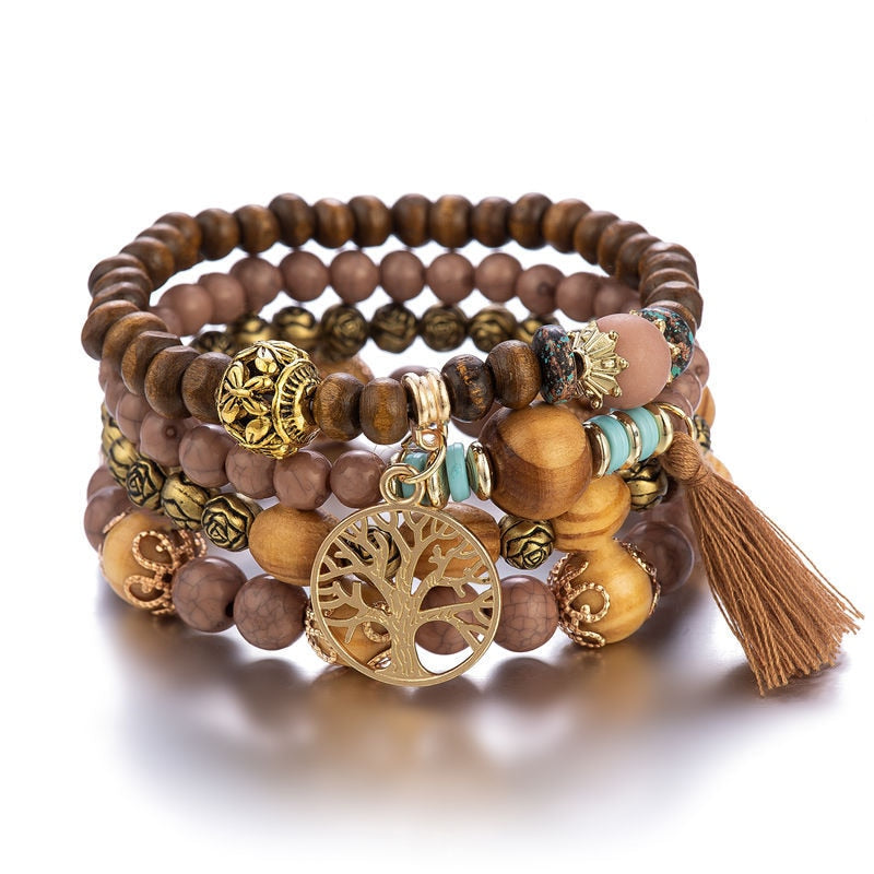 Bracelets bohèmes avec arbre de vie en bois – Set de 4 pour femmes