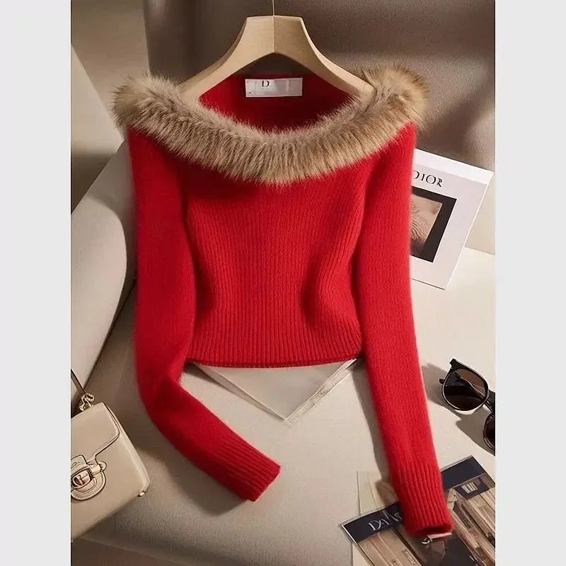 👉 Pull court femme épaules dénudées col fausse fourrure – chic & chaud