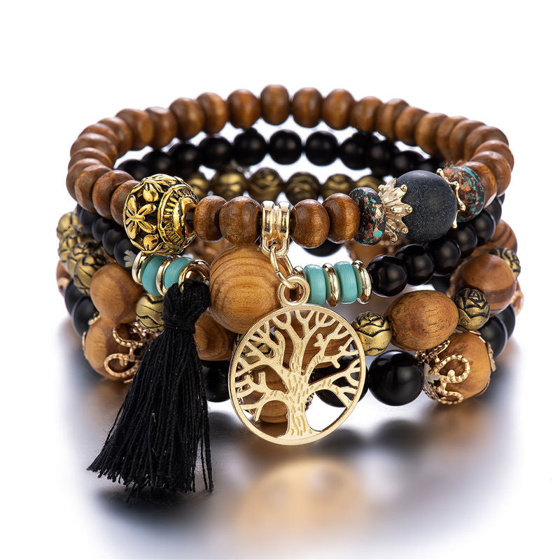 Bracelets bohèmes avec arbre de vie en bois – Set de 4 pour femmes