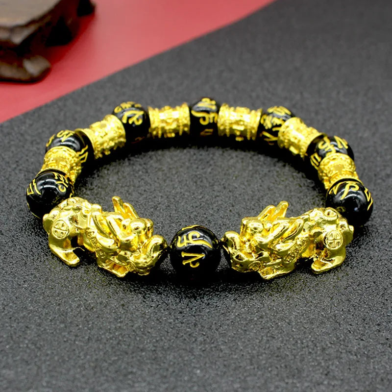 Bracelets Feng Shui obsidienne noire, porte-bonheur,lot de 2pcs