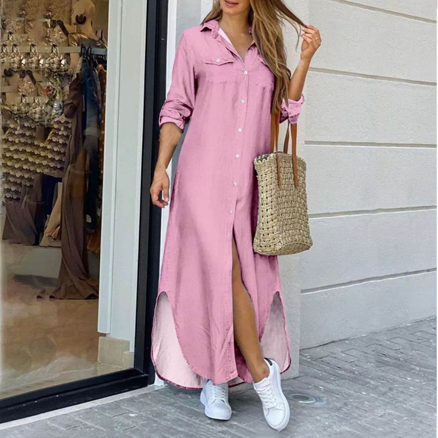 Robe chemise élégante femme, manches longues, style été