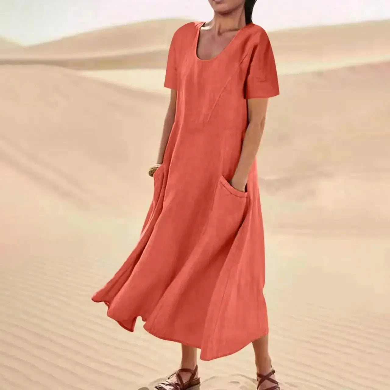 Robe Longue Femme Coton Lin – Manches Courtes, Légère & Avec Poches