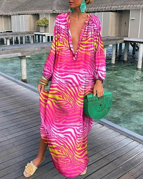 Robe Longue Femme Été – Col V Profond, Manches Longues, Style Boho