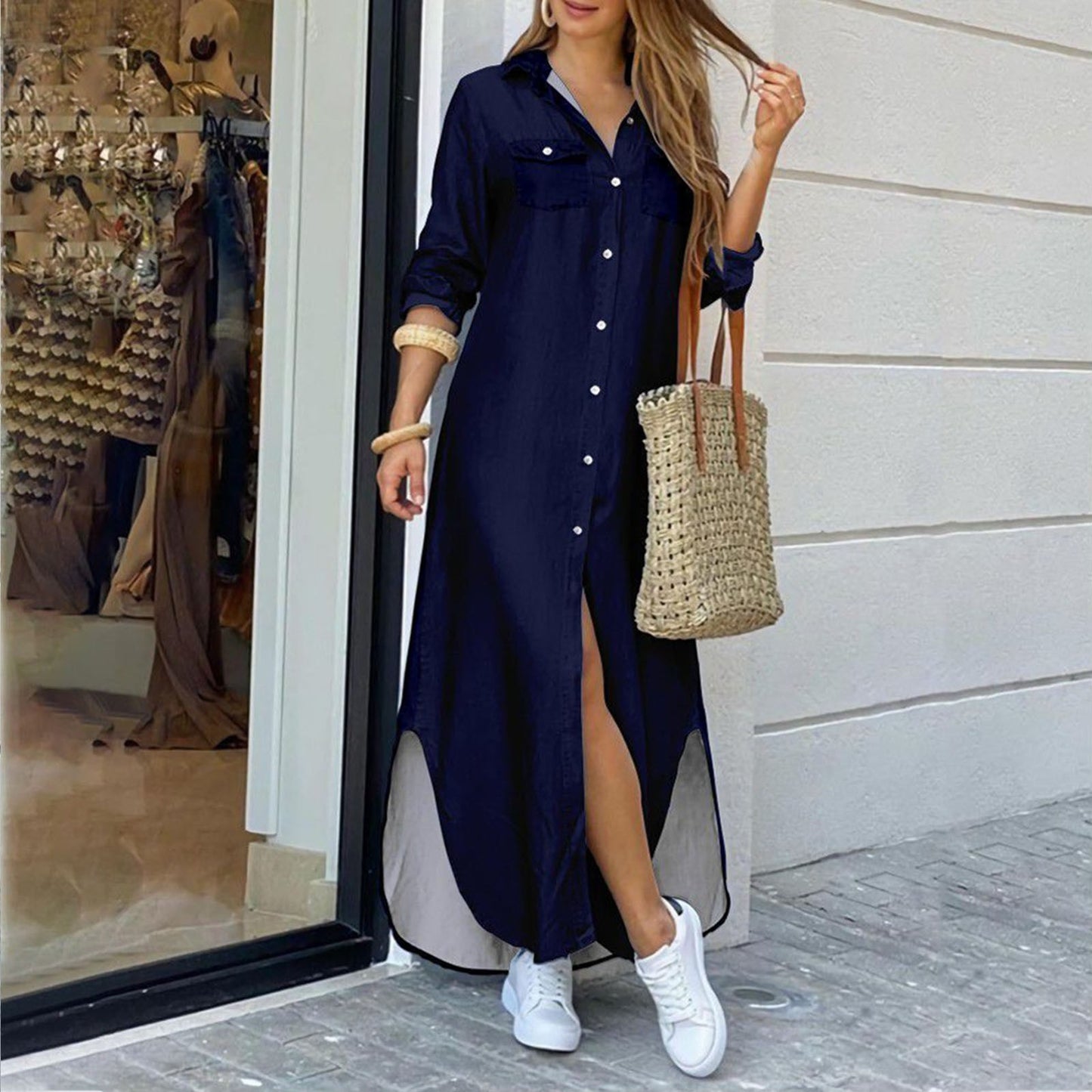 Robe chemise élégante femme, manches longues, style été