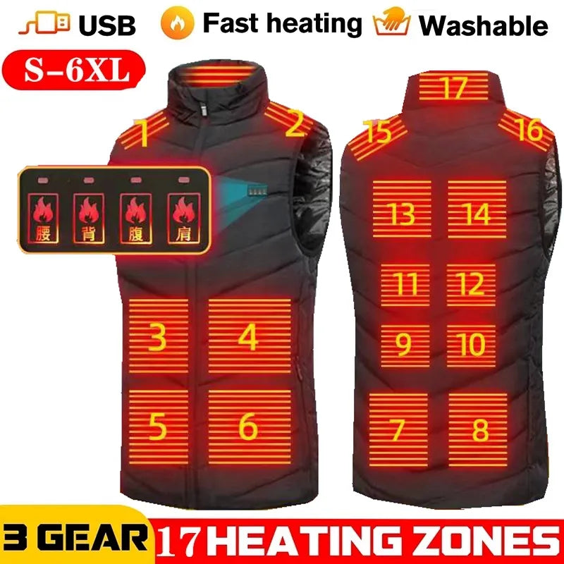 Blouson chauffant USB homme/femme, 17 zones de chauffage, hiver froid