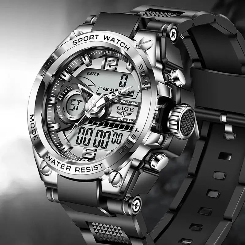 Montre militaire LIGE homme étanche 50m, quartz LED sport