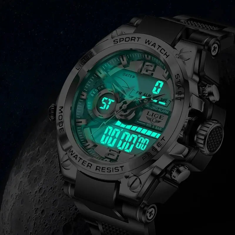 Montre militaire LIGE homme étanche 50m, quartz LED sport