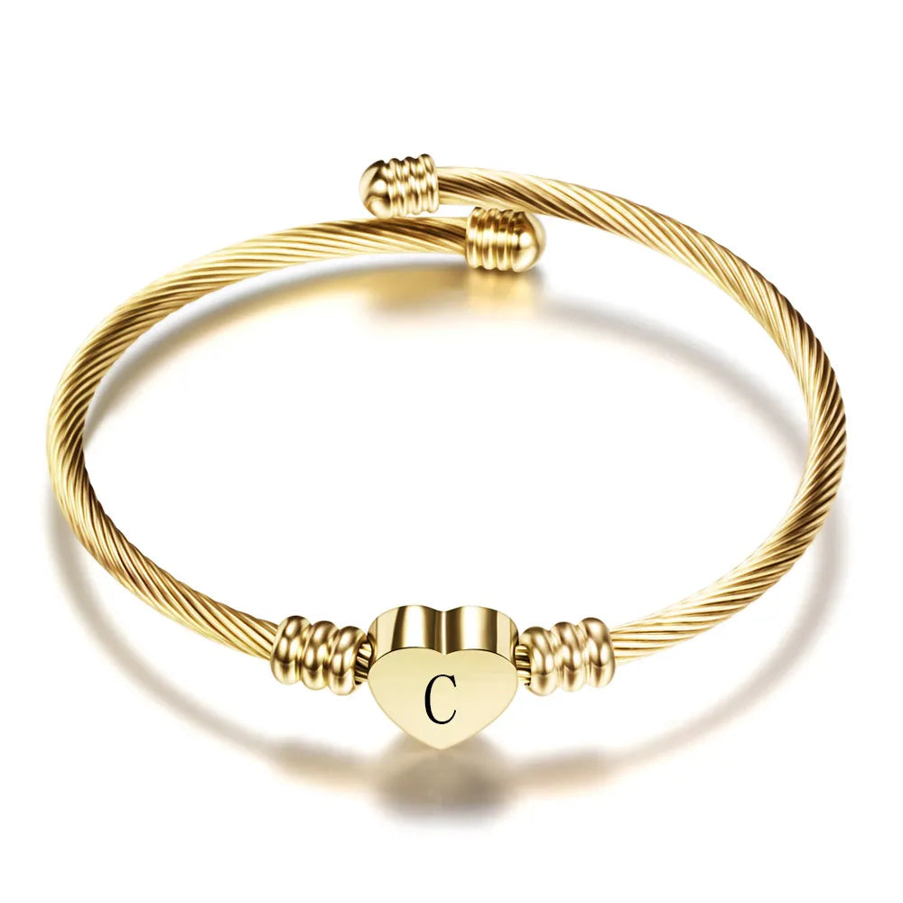 Bracelet lettre initiale en acier inoxydable pour femme, cœur chic