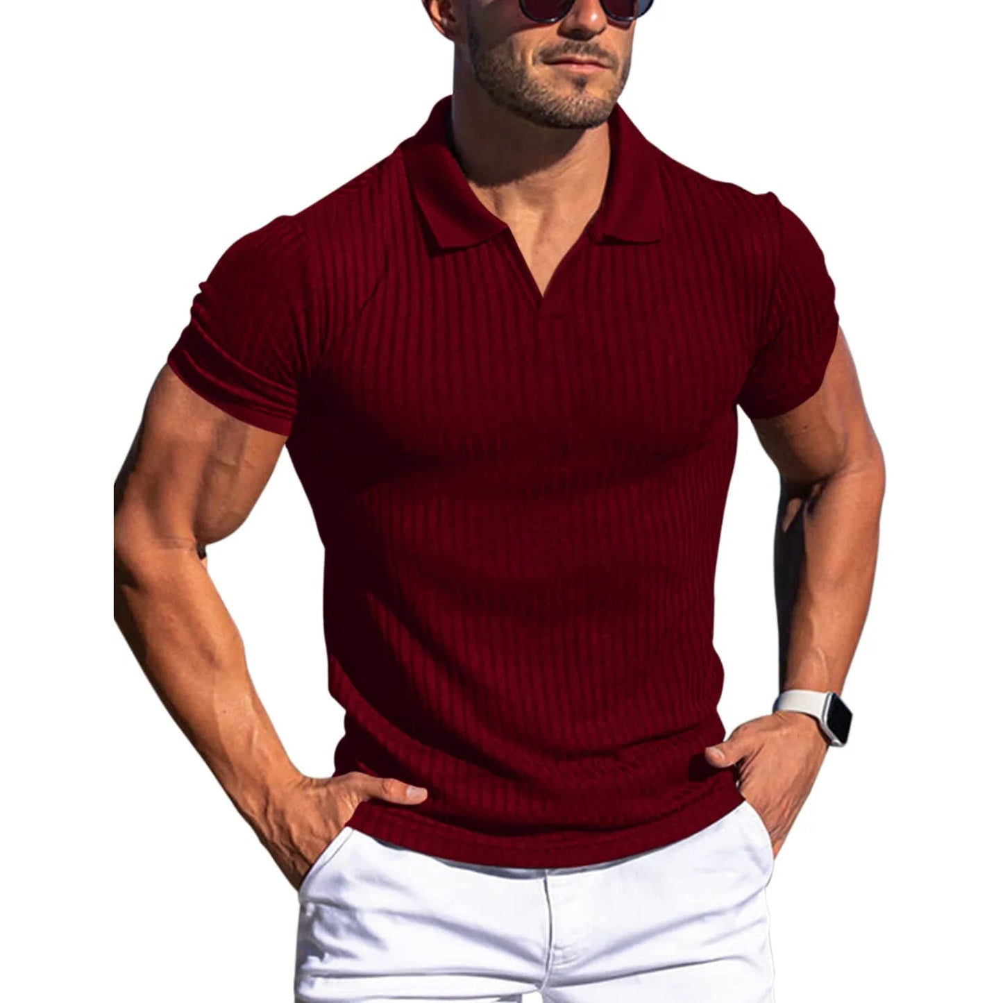 👉 T-shirt homme slim col rabattu – manches courtes été, printemps/automne mode casual