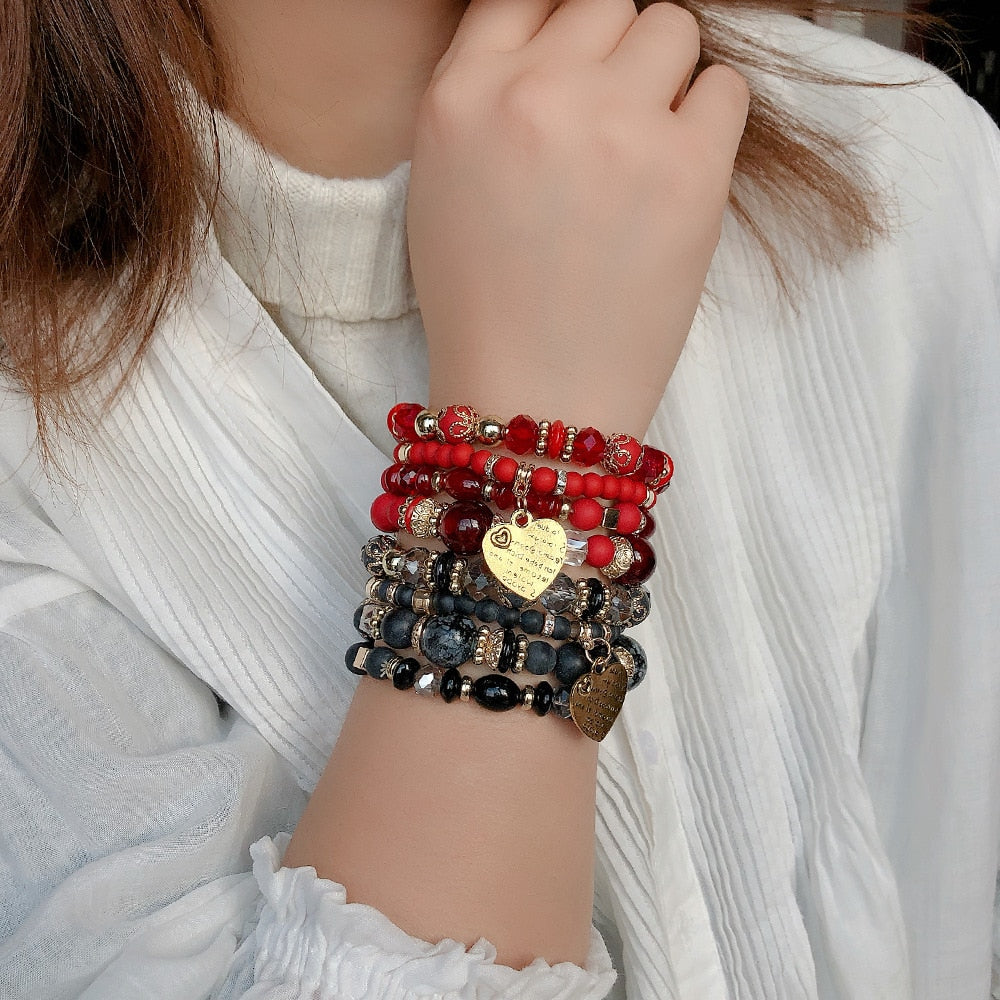 Bracelets Boho 4 pièces – Résine, Cristal & Perles Fantaisie