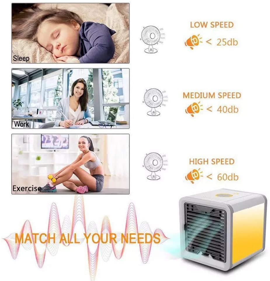 Mini climatiseur portable ,lumières LED 3 en 1, ventilateur USB, humidificateur, purificateur, refroidisseur, 3 vitesses réglables