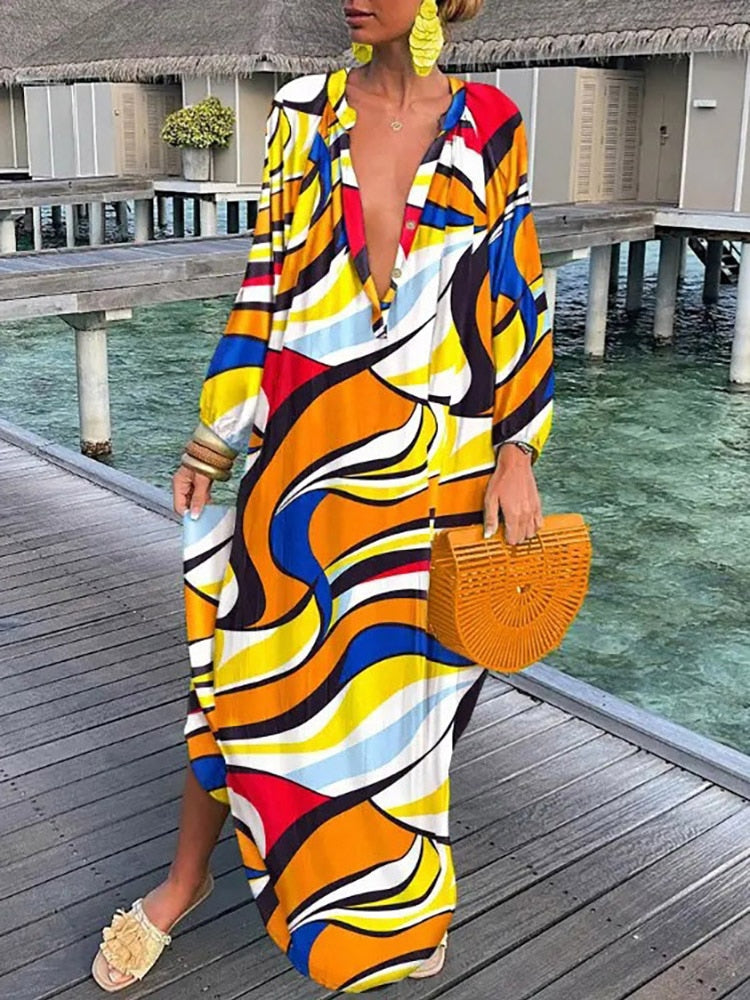 Robe Longue Femme Été – Col V Profond, Manches Longues, Style Boho