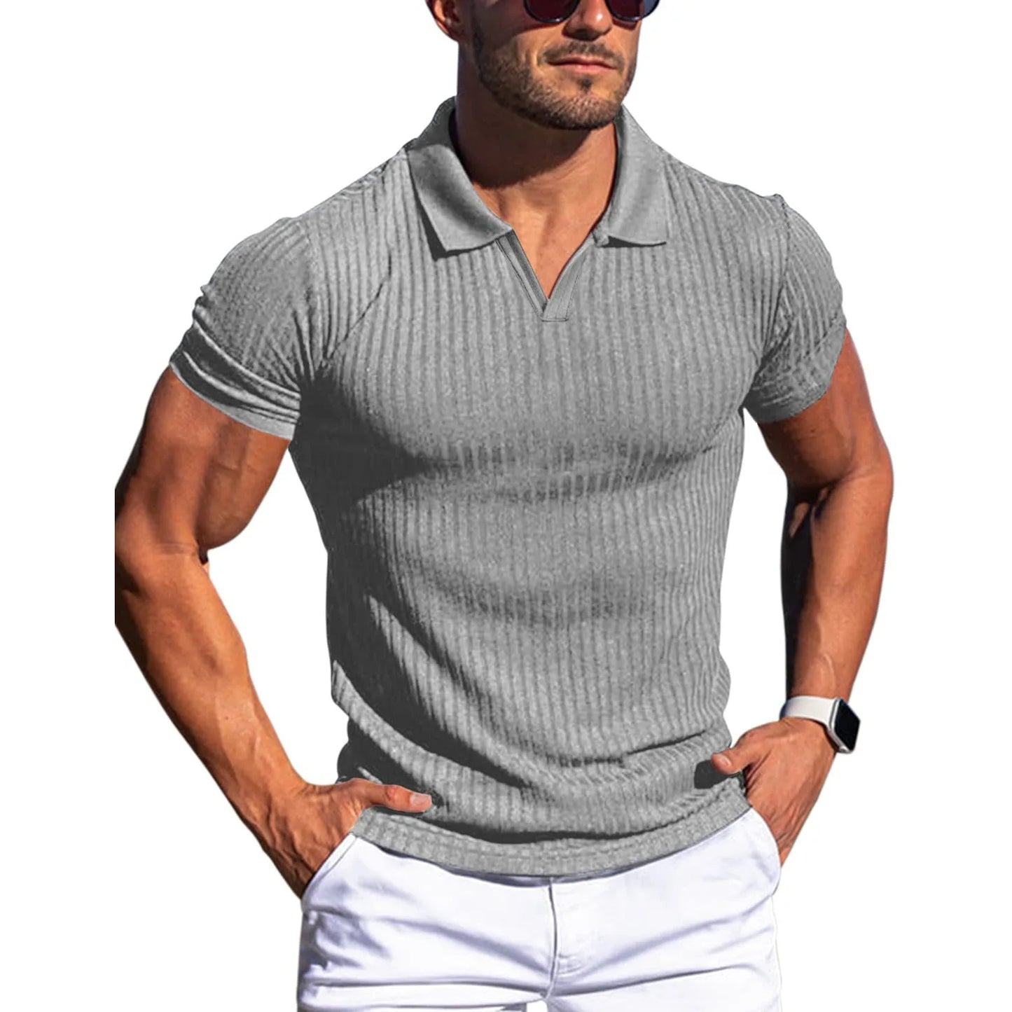 👉 T-shirt homme slim col rabattu – manches courtes été, printemps/automne mode casual