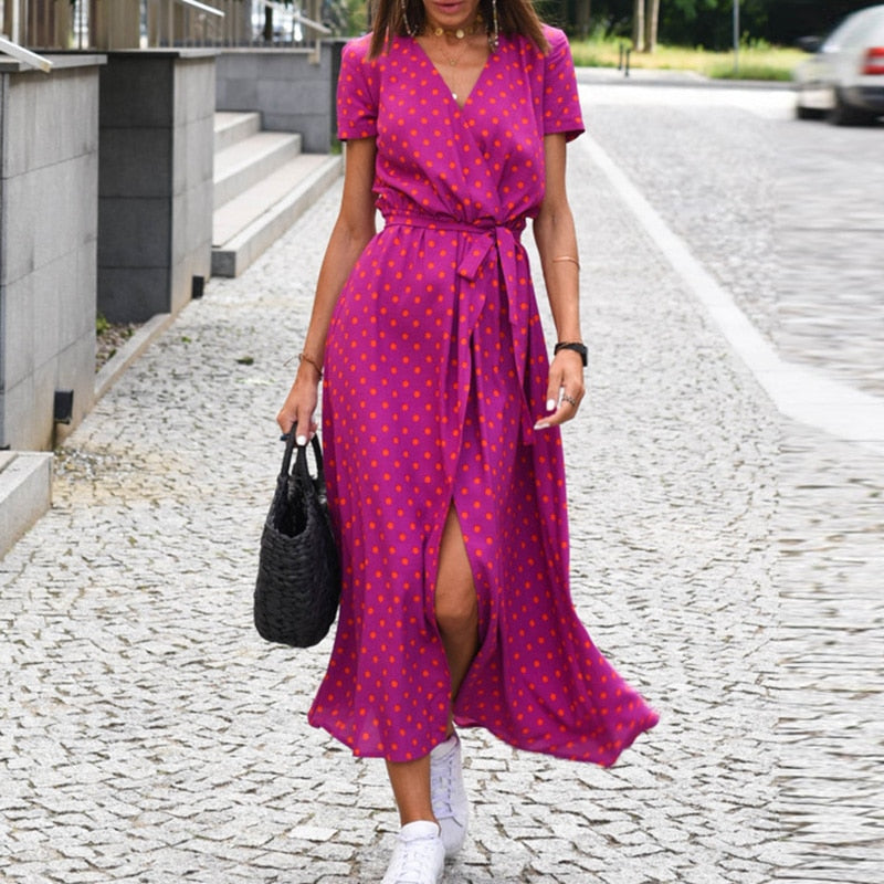 Robe longue imprimé floral pour femmes, col en V, à lacets, ourlet fendu, décontractée, manches courtes, mode estivale
