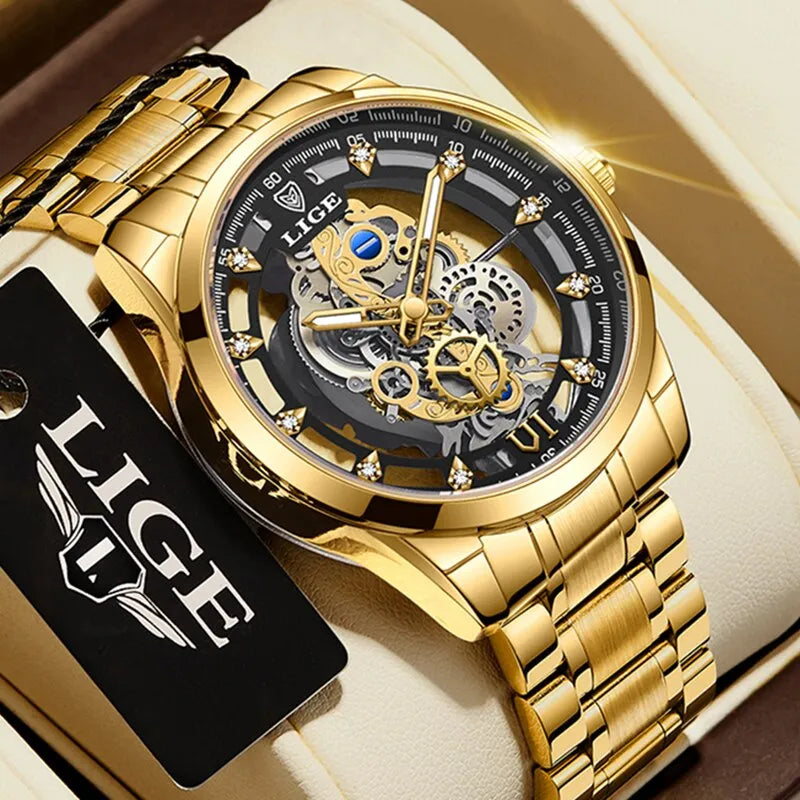 Montre squelette LIGE homme, quartz doré, rétro et élégante