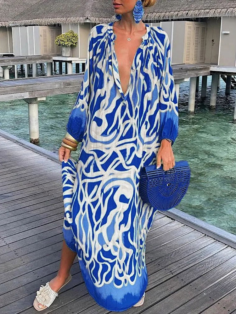 Robe Longue Femme Été – Col V Profond, Manches Longues, Style Boho