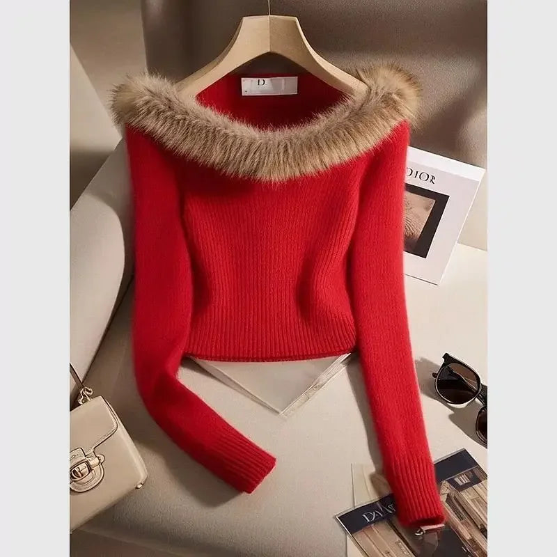 👉 Pull court femme épaules dénudées col fausse fourrure – chic & chaud