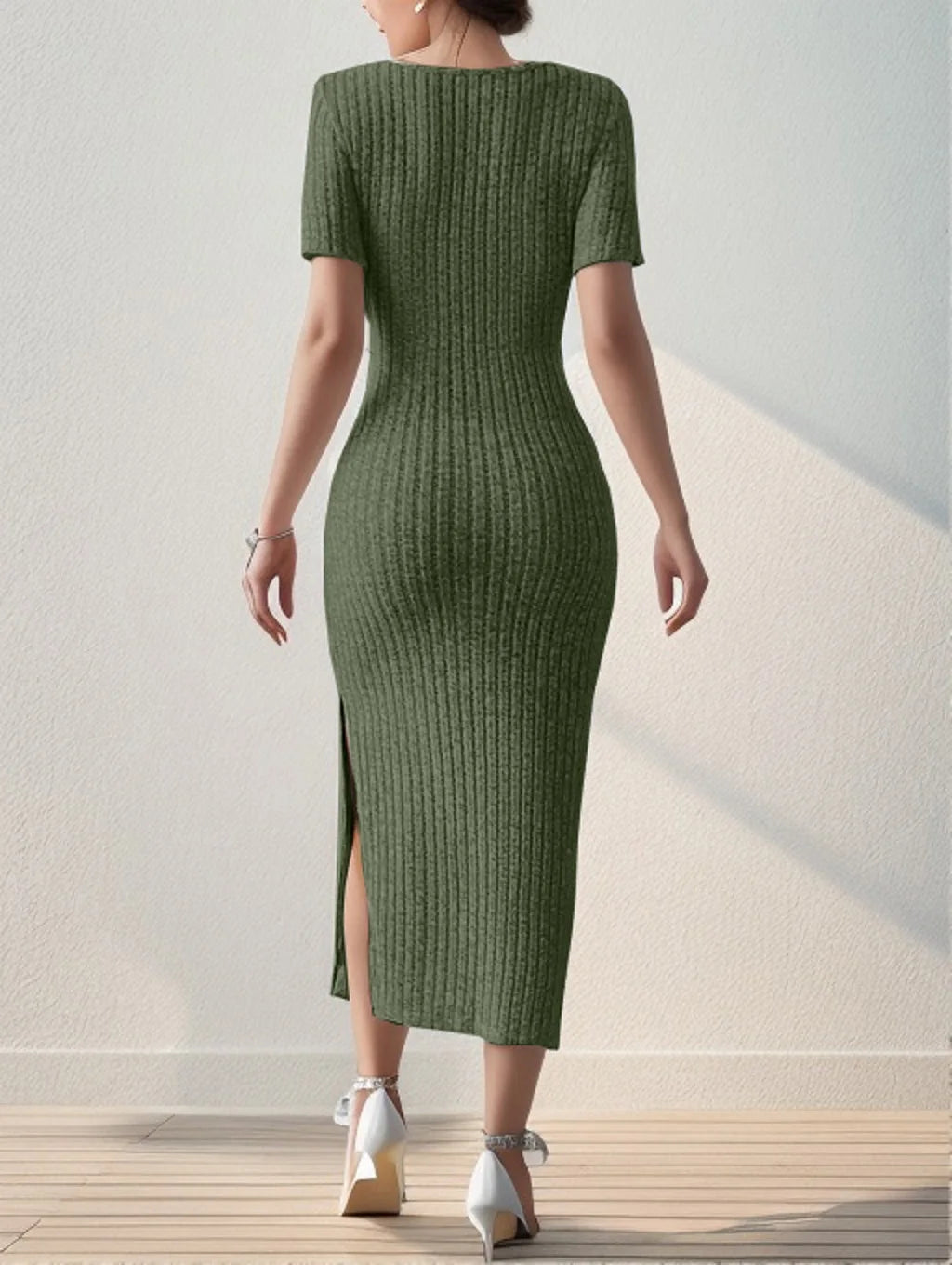 Robe Été Femme Col Carré – Mi-Longue Fendue Ajustée et Élégante