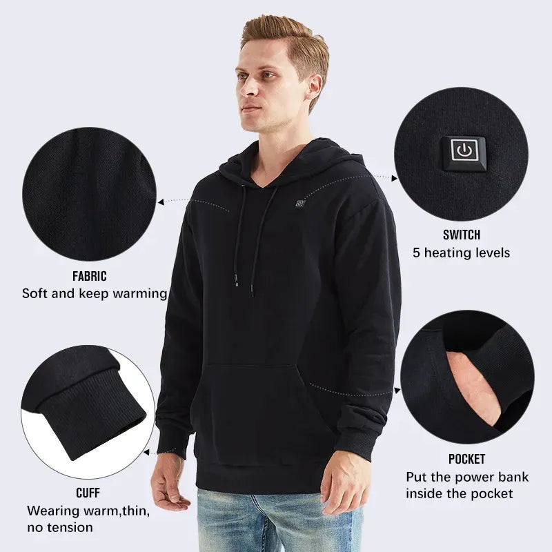 Sweat à capuche chauffant USB unisexe, style streetwear hiver froid