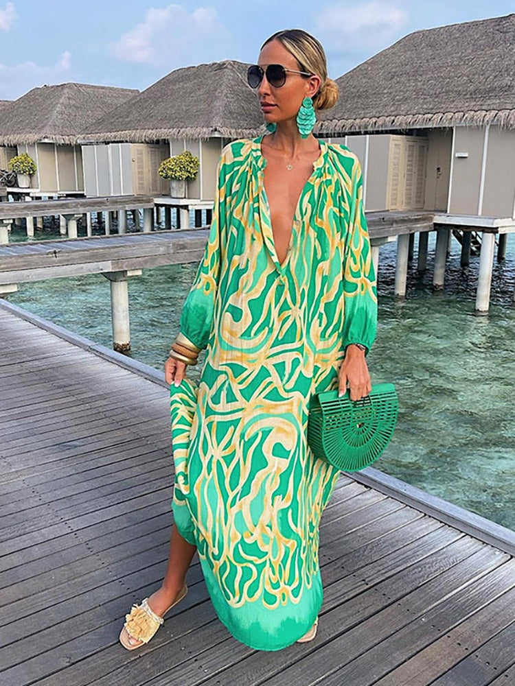 Robe Longue Femme Été – Col V Profond, Manches Longues, Style Boho