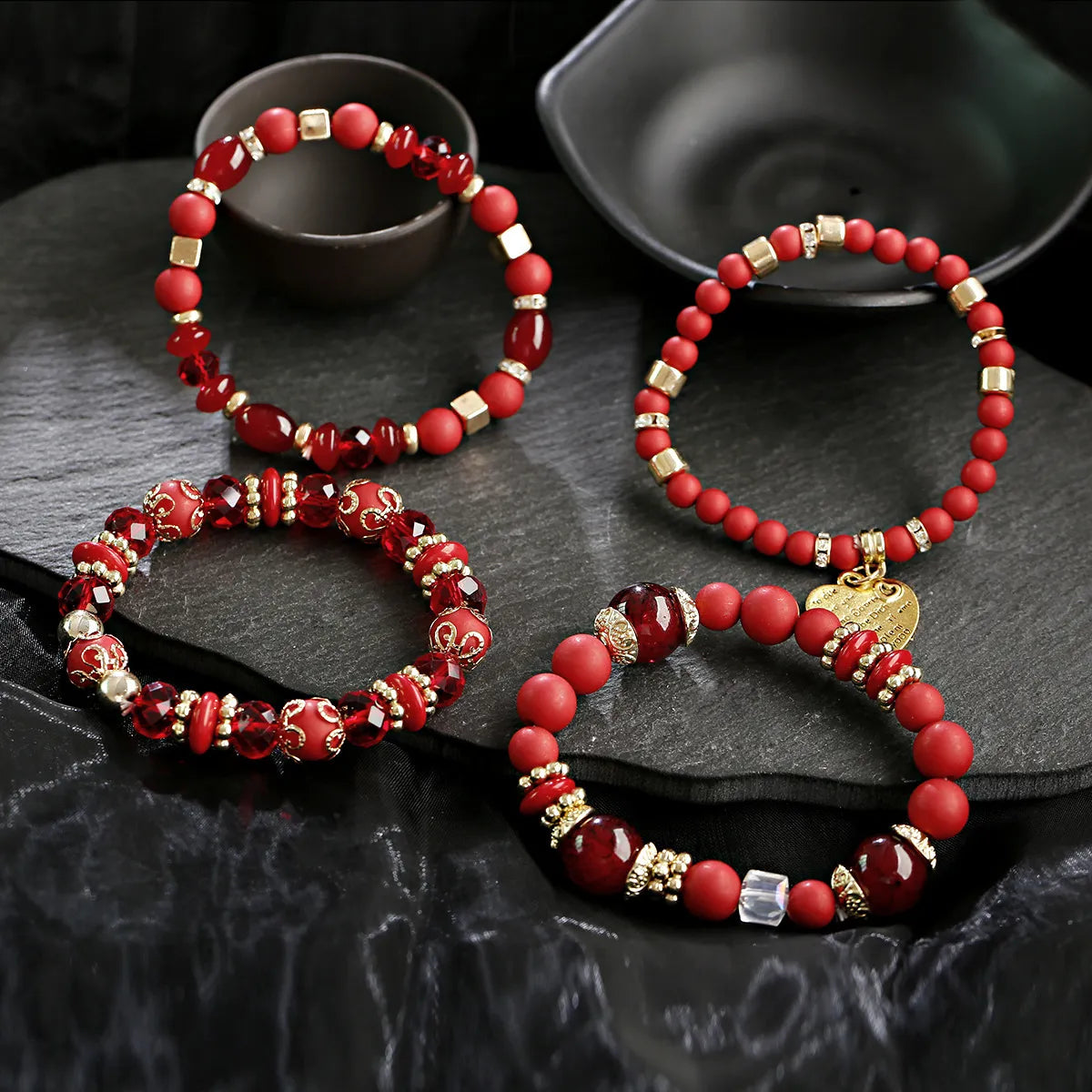 Bracelets Boho 4 pièces – Résine, Cristal & Perles Fantaisie
