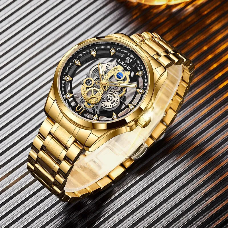 Montre squelette LIGE homme, quartz doré, rétro et élégante