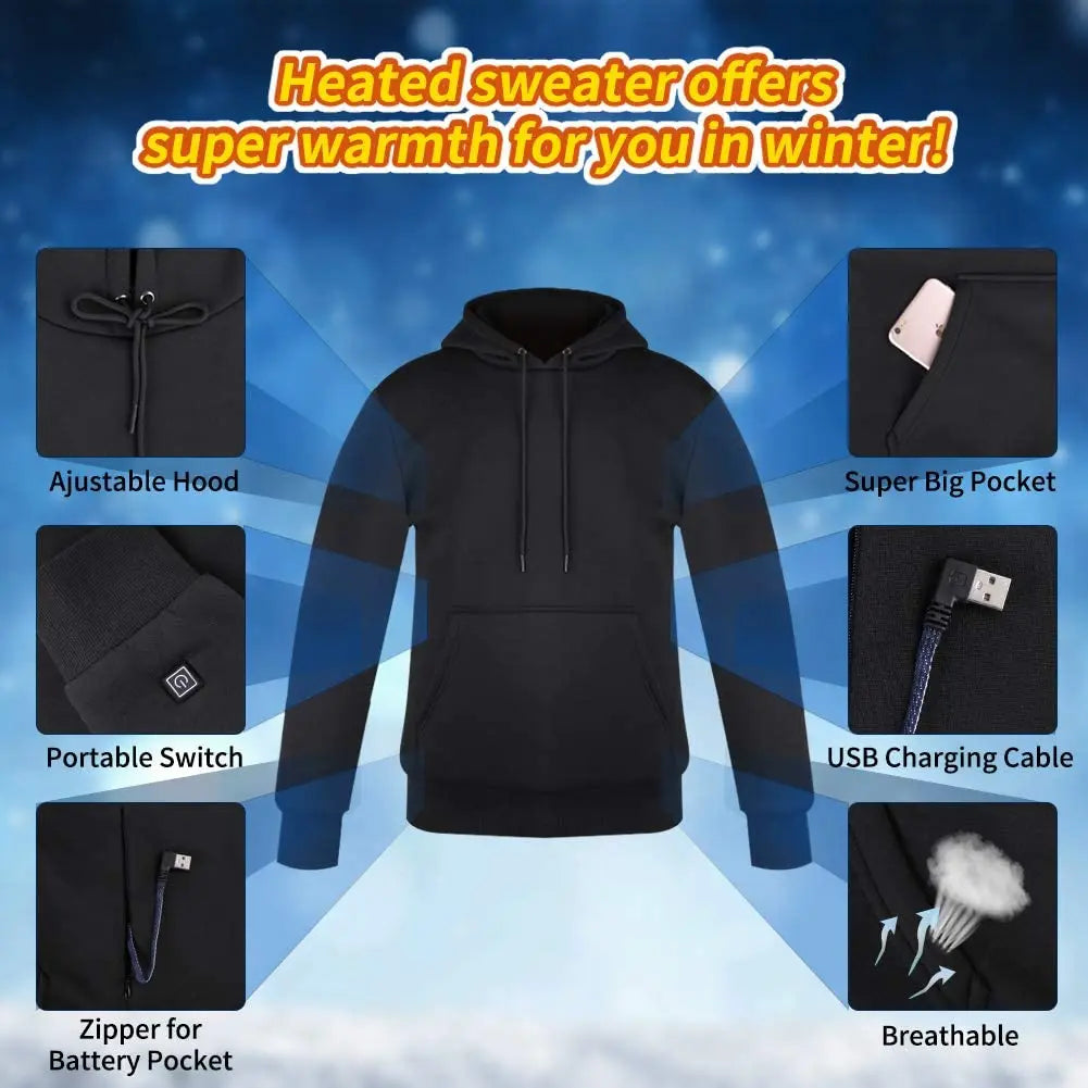 Sweat à capuche chauffant USB unisexe, style streetwear hiver froid