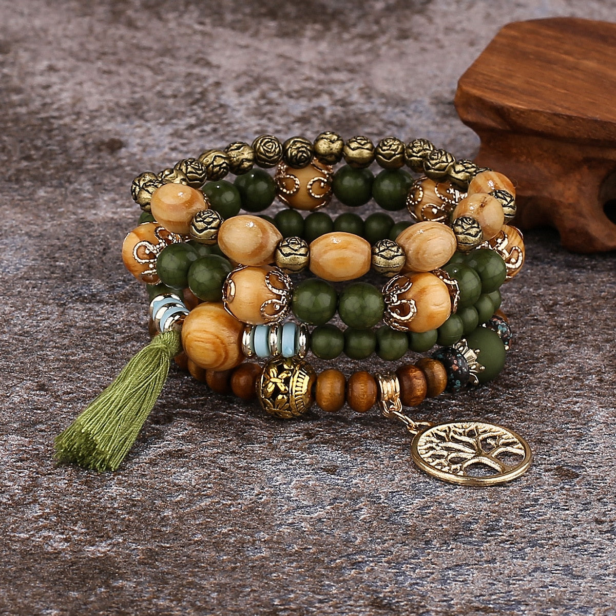 Bracelets bohèmes avec arbre de vie en bois – Set de 4 pour femmes