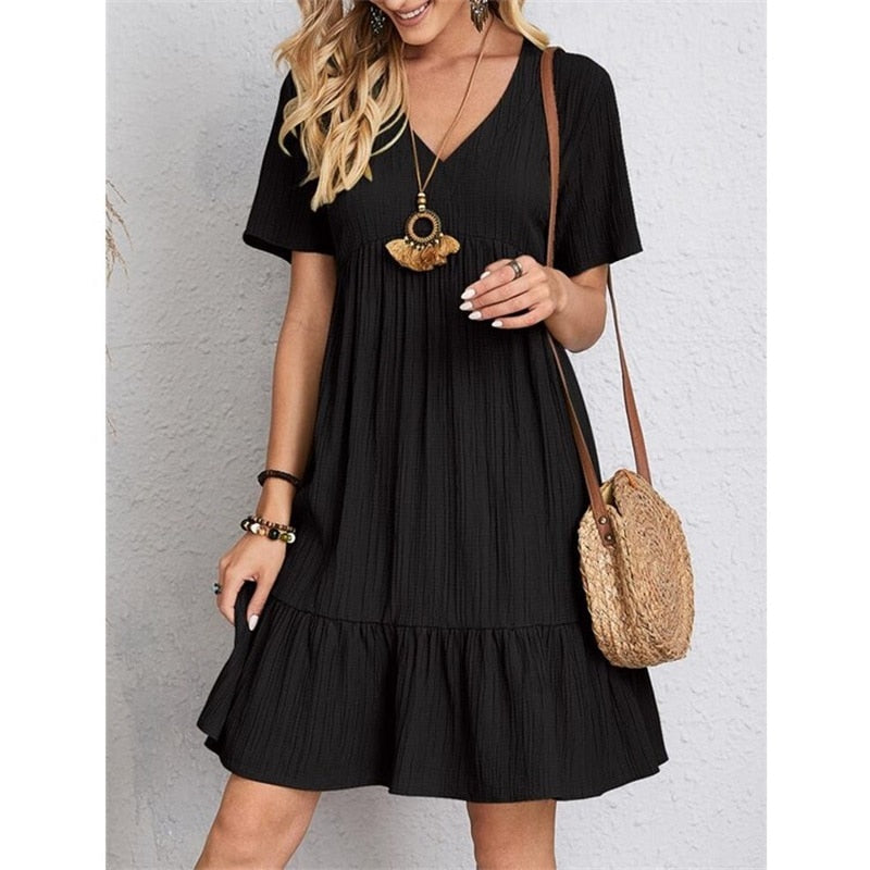Mini Robe Femme Été – Col V, Volants, Style Vintage Décontracté