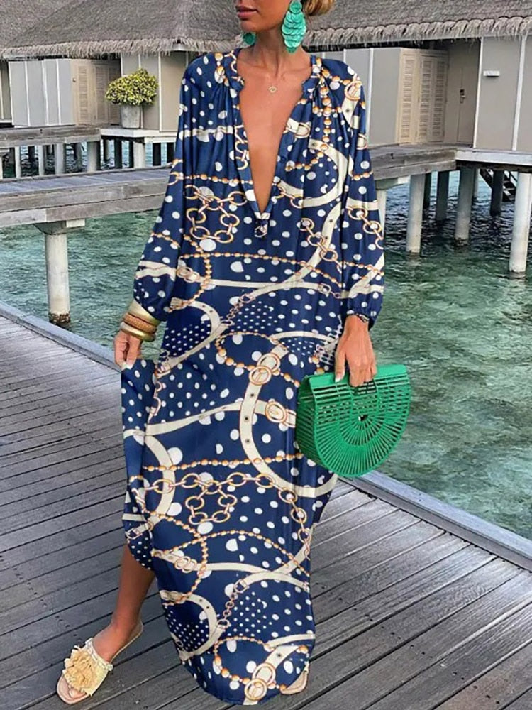 Robe Longue Femme Été – Col V Profond, Manches Longues, Style Boho