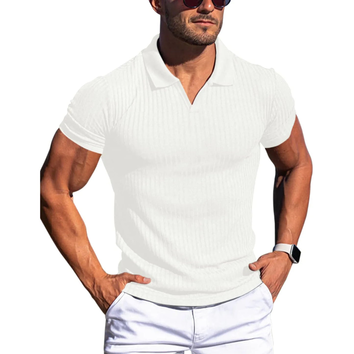 👉 T-shirt homme slim col rabattu – manches courtes été, printemps/automne mode casual