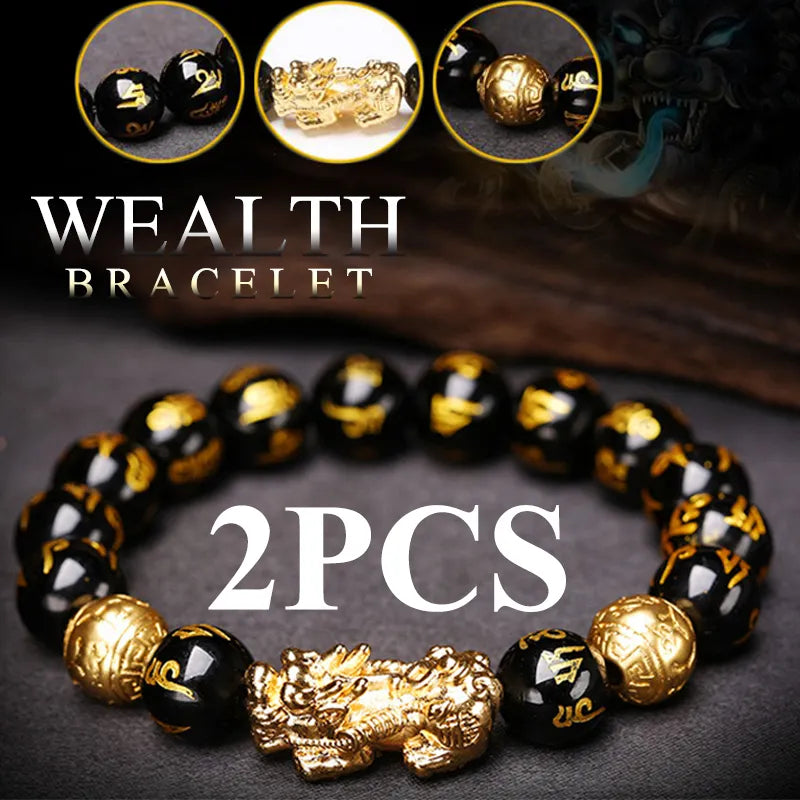Bracelets Feng Shui obsidienne noire, porte-bonheur,lot de 2pcs
