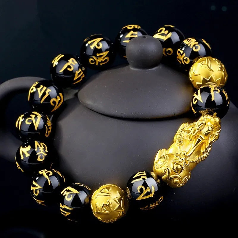 Bracelets Feng Shui obsidienne noire, porte-bonheur,lot de 2pcs