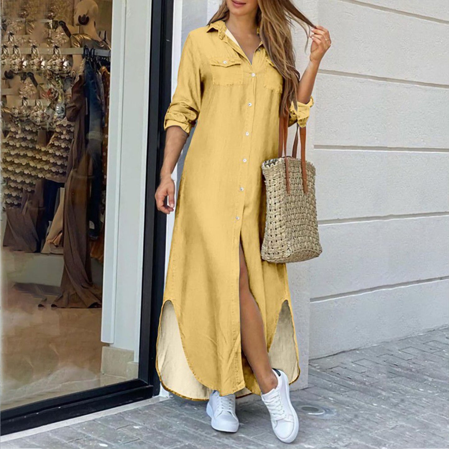 Robe chemise élégante femme, manches longues, style été