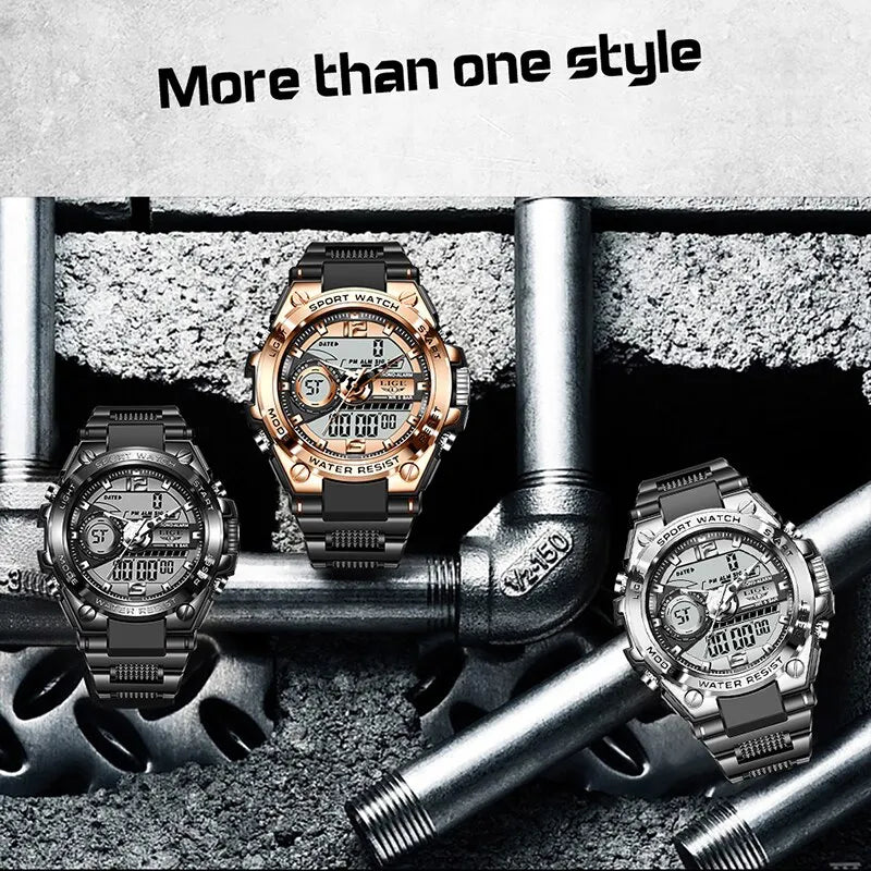 Montre militaire LIGE homme étanche 50m, quartz LED sport
