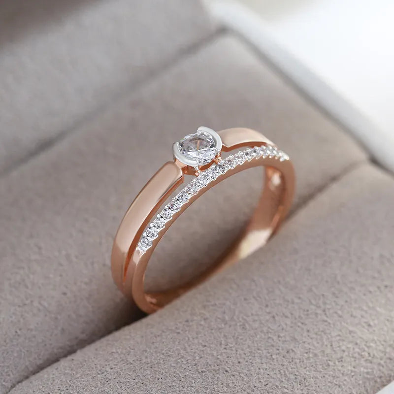 Bague luxe femme or rose & argent 585, zircon naturel, mariage