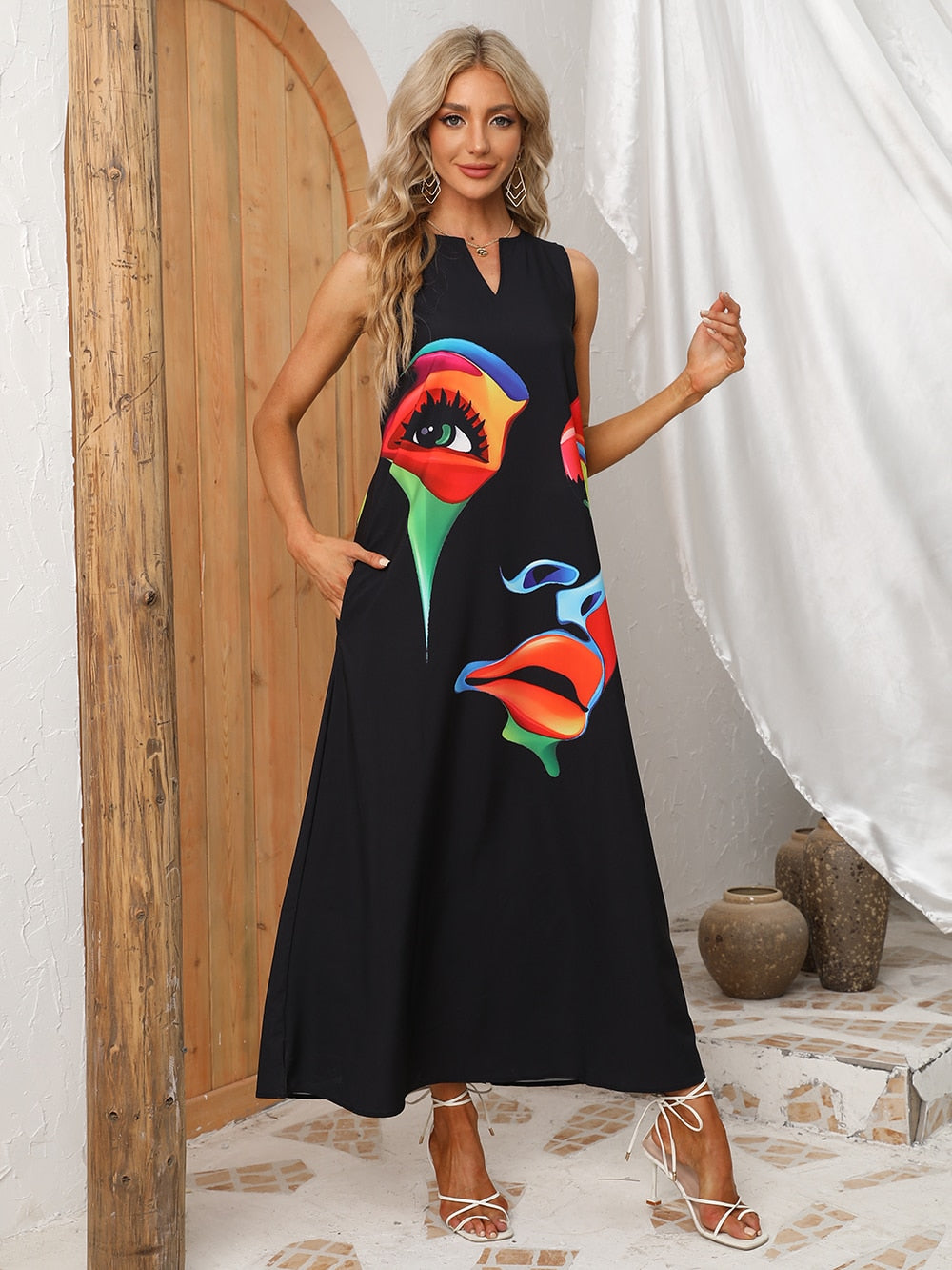 Robe Longue Noire Femme – Imprimé Visage, Ample, Été Décontracté