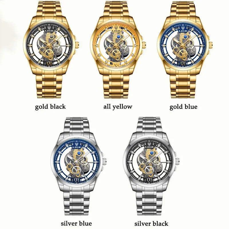 Montre squelette LIGE homme, quartz doré, rétro et élégante