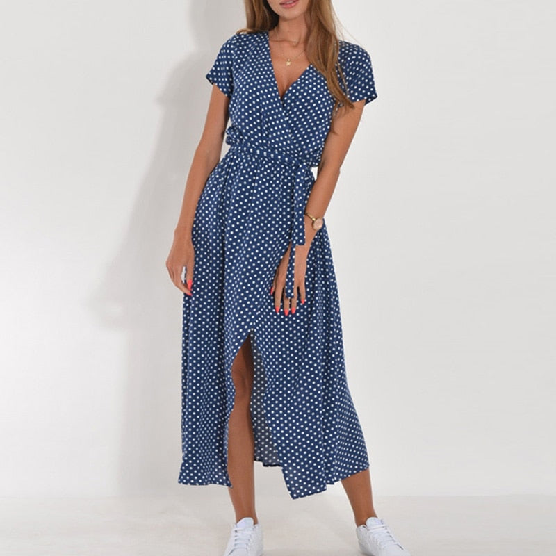 Robe longue imprimé floral pour femmes, col en V, à lacets, ourlet fendu, décontractée, manches courtes, mode estivale