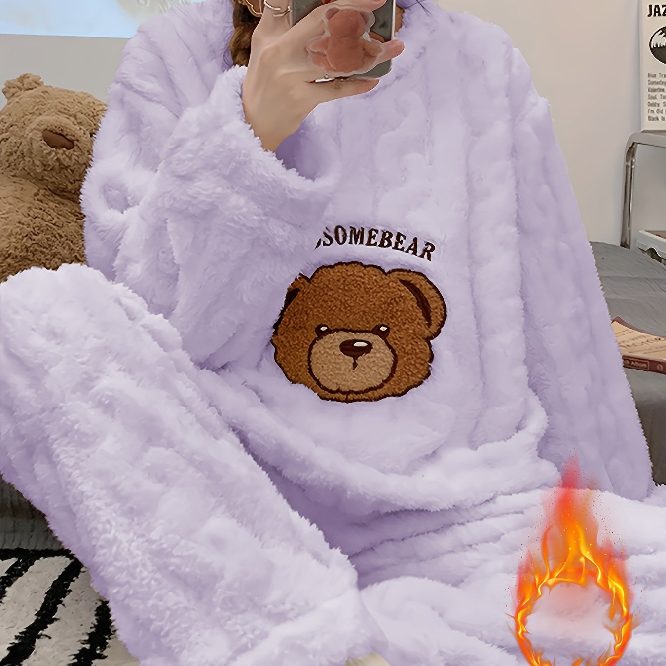 Pyjama hiver femme chaud – Ensemble peluche douillet ours 🐻