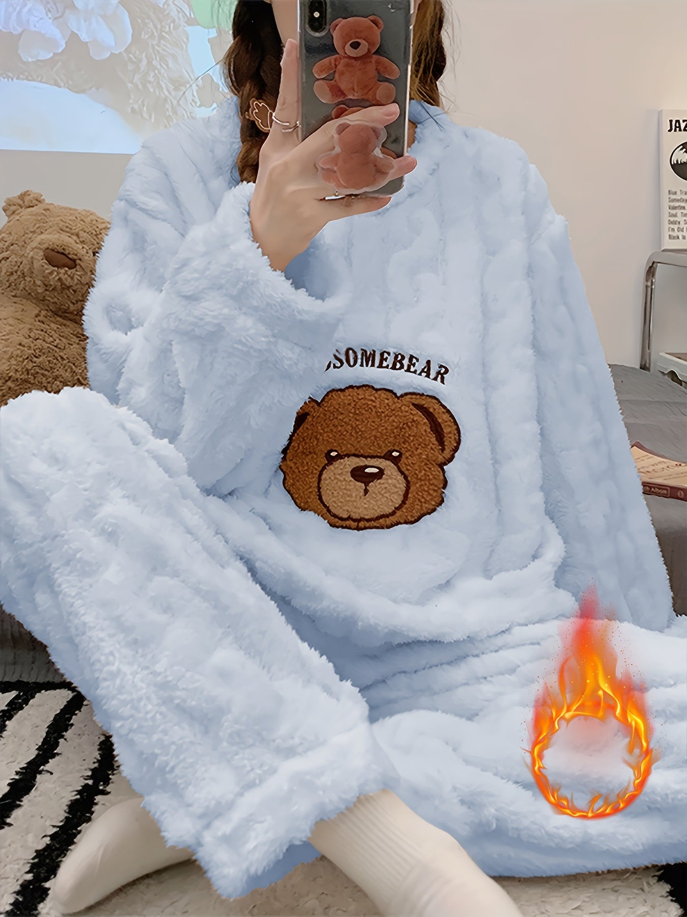 Pyjama hiver femme chaud – Ensemble peluche douillet ours 🐻