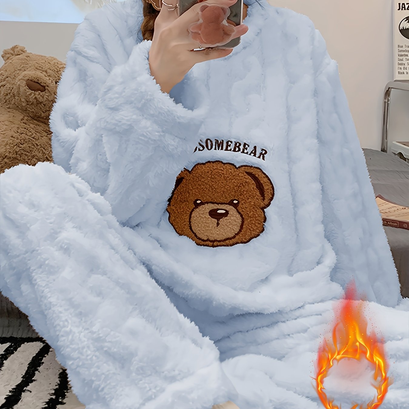 Pyjama hiver femme chaud – Ensemble peluche douillet ours 🐻