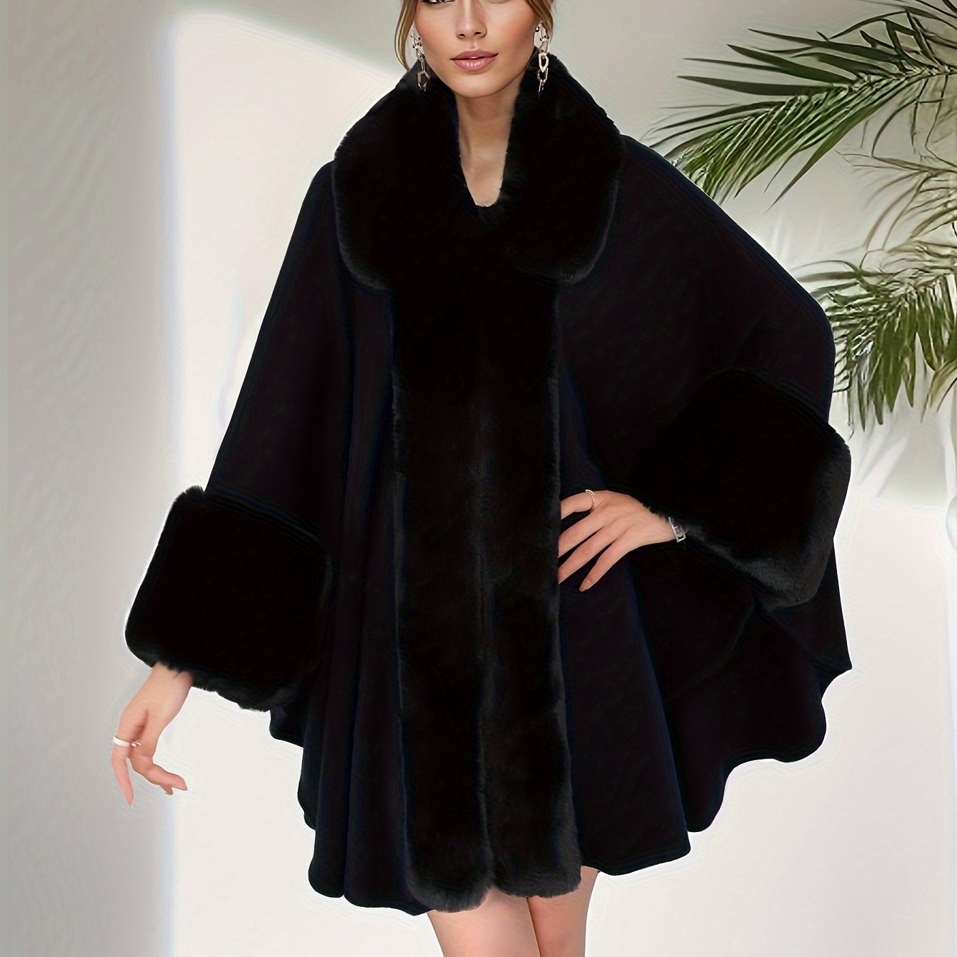 Manteau grande taille femme – Ouvert avec col fausse fourrure