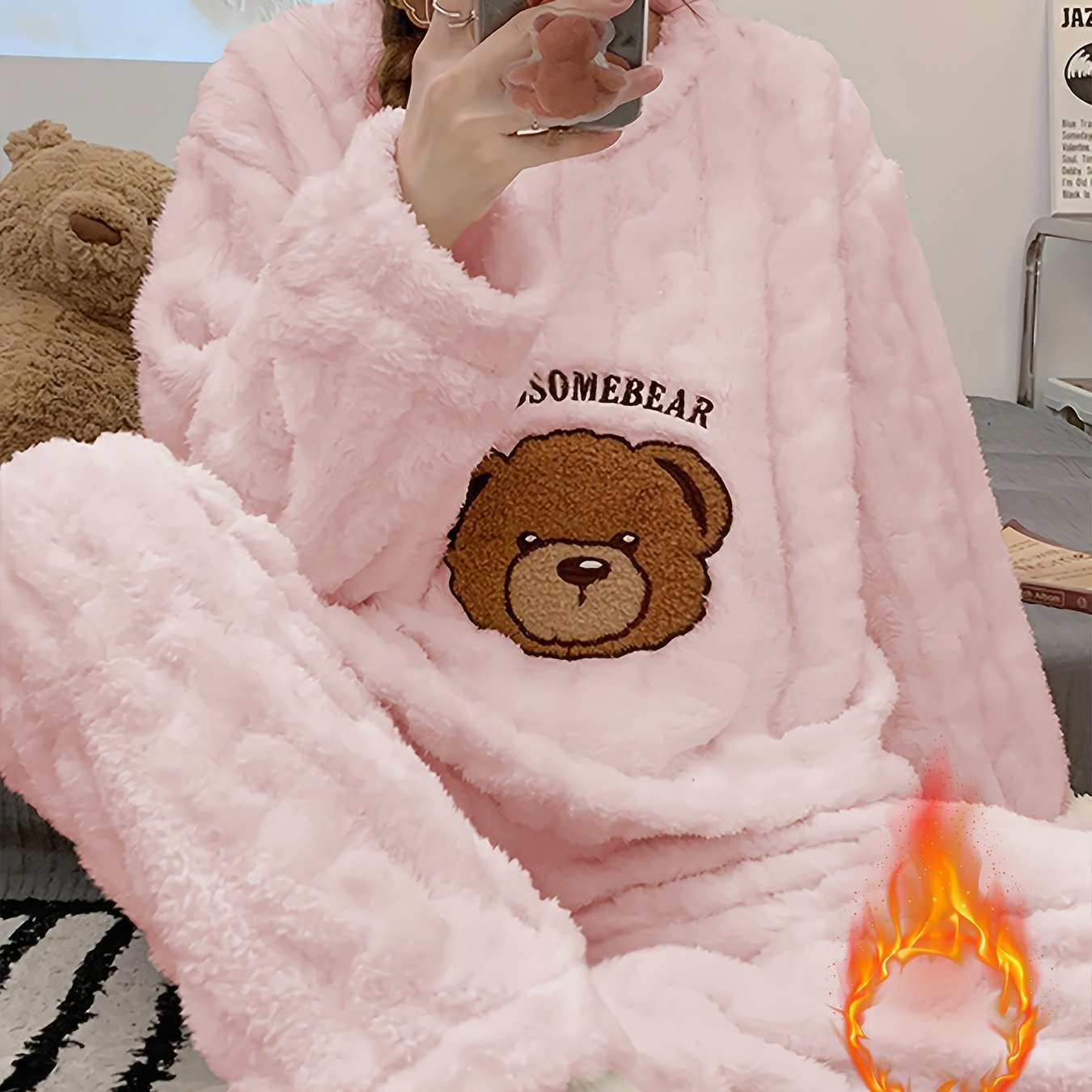 Pyjama hiver femme chaud – Ensemble peluche douillet ours 🐻