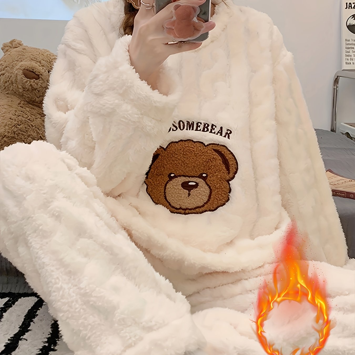 Pyjama hiver femme chaud – Ensemble peluche douillet ours 🐻