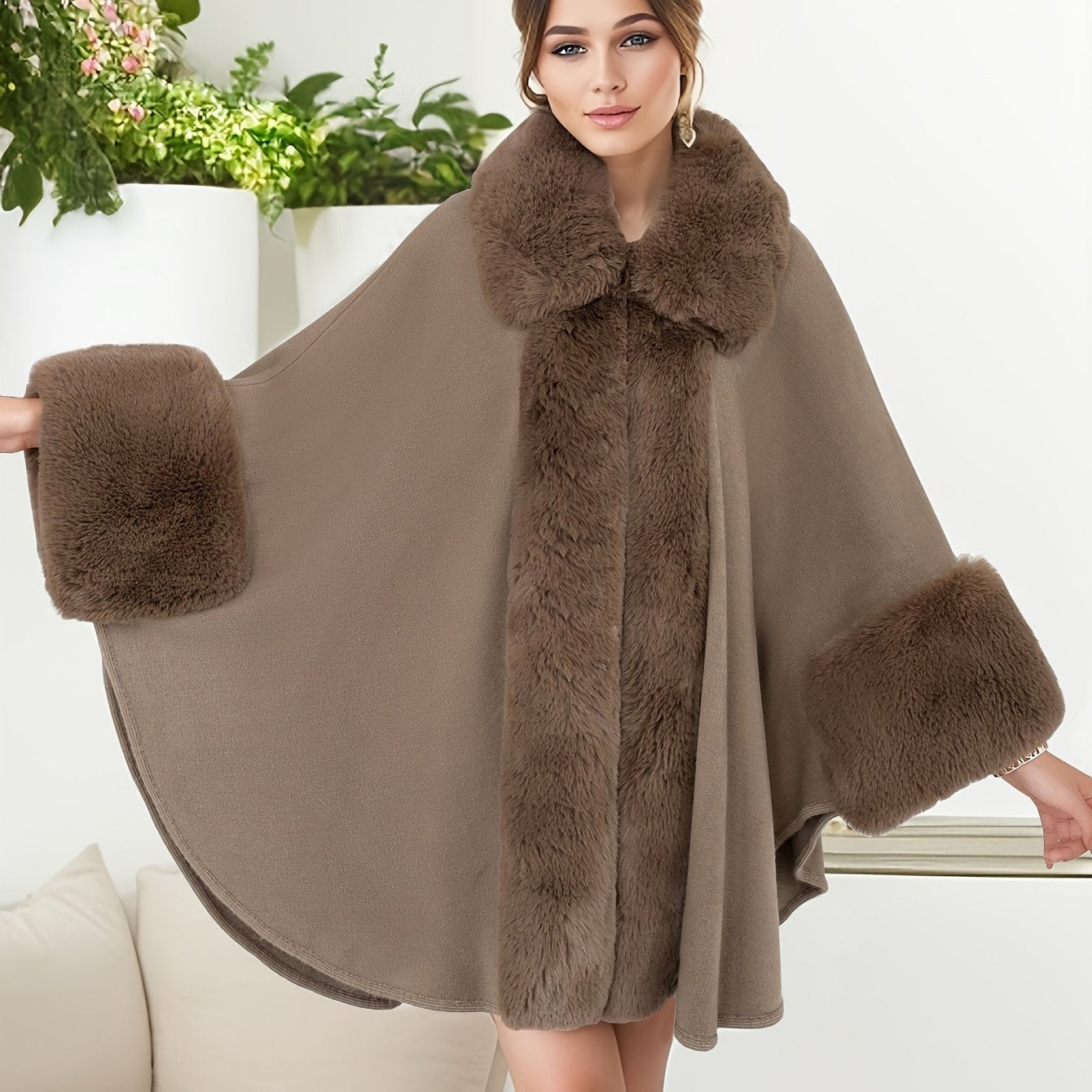 Manteau grande taille femme – Ouvert avec col fausse fourrure