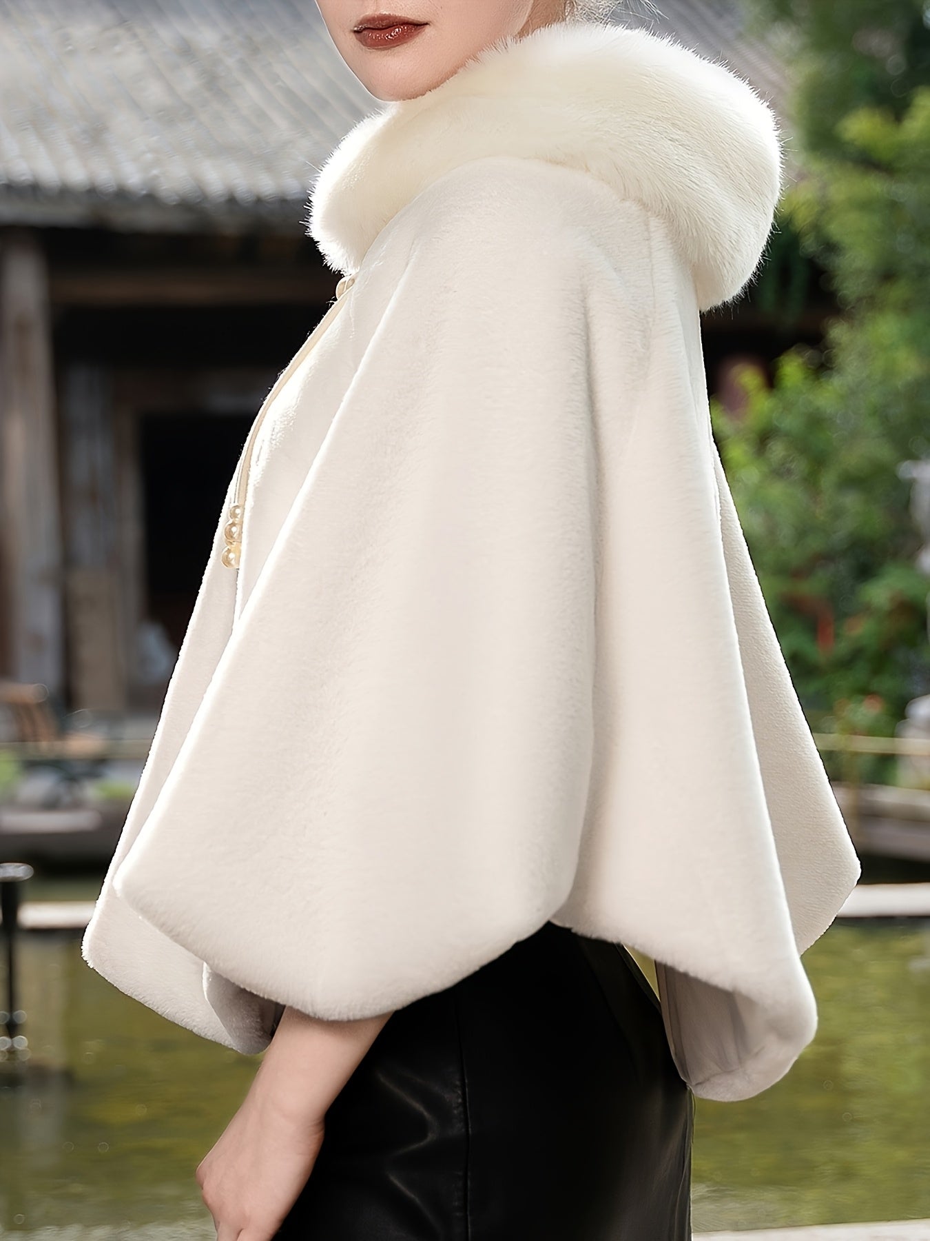 Cape élégante en fausse fourrure – Perles & pompons hiver chic